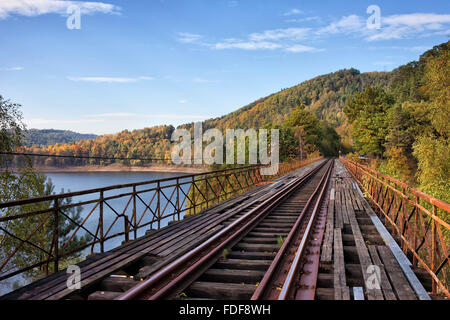 Polen, alten Stahlbinder Eisenbahn Brücke über Pilchowickie See Stockfoto