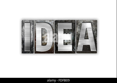 Das Wort "Idee" geschrieben in Vintage Metall Buchdruck Typ isoliert auf weißem Hintergrund. Stockfoto