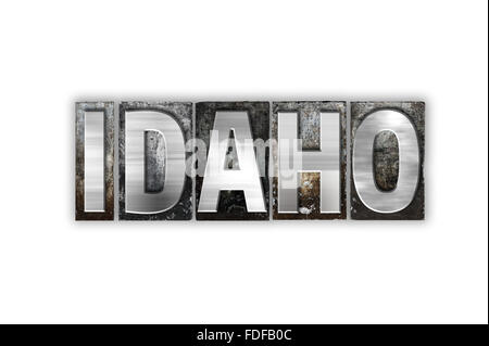 Das Wort "Idaho" geschrieben in Vintage Metall Buchdruck Typ isoliert auf weißem Hintergrund. Stockfoto