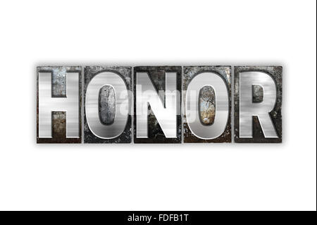 Das Wort "Ehre" in Vintage Metall Buchdruck Typ geschrieben isoliert auf weißem Hintergrund. Stockfoto