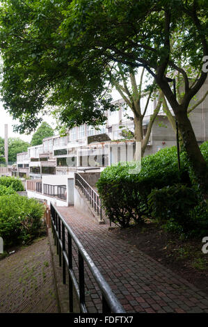 Ein Backstein gepflasterten Pfad auf der 1960er und 1970er Jahren zentrale Hill Estate, Lambeth. Stockfoto