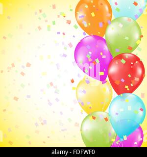 Hintergrund mit leuchtend bunten Luftballons als Grenze und Konfetti auf gelbem Hintergrund Stock Vektor