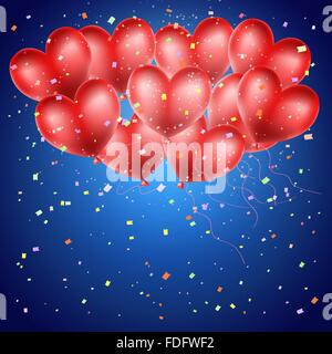 Herz-Ballons und Konfetti auf blauem Hintergrund fliegen. Vektor Stock Vektor