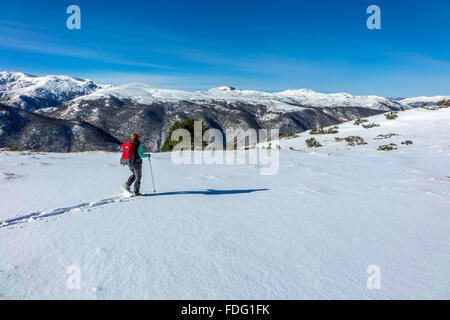 Frau in blau mit roten Rucksack, Schneeschuhwandern, französischen Pyrenäen Stockfoto