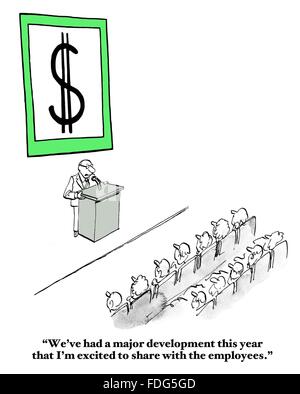 Finanzen-Cartoon.  Der Führer erzählt die Mitarbeiter, dass das Unternehmen einen Gewinn schließlich verdienen. Stockfoto