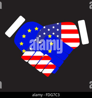Symbol-Zeichen-Handshake EU und USA. Flagge der union Europa und Usa, Staaten von Amerika, amerikanische Zusammenarbeit und Freundschaft, Stockfoto