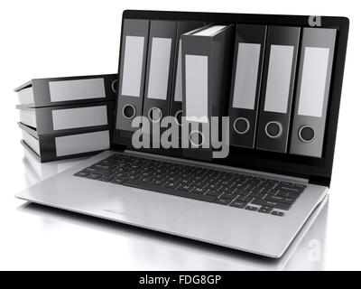 3D Illustration. Archiv-Konzept. Laptop und Dateien auf weißem Hintergrund isoliert Stockfoto