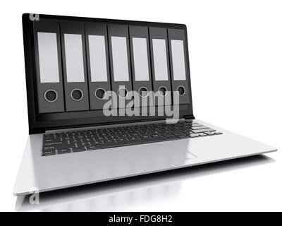 3D Illustration. Archiv-Konzept. Laptop und Dateien auf weißem Hintergrund isoliert Stockfoto