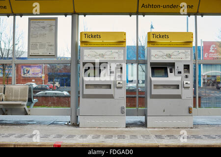 Lyne Metrolink Station Trambillet Maschinen Vending Anbieter automatisiert Zahlung Straßenbahn Metrolink Stadtbahn schnelle co Stockfoto