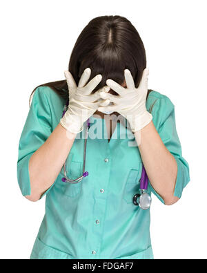 Überlasteten Ärztin im Stress, isoliert auf weiss Stockfoto