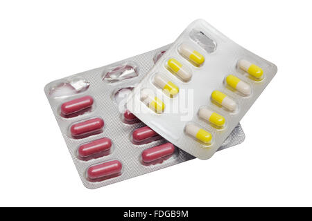 Zwei Packungen von modernen Tabletten auf weißem Hintergrund Stockfoto