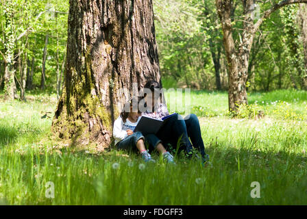 Mädchen sitzen unter Baum ein Buch zu lesen Stockfoto