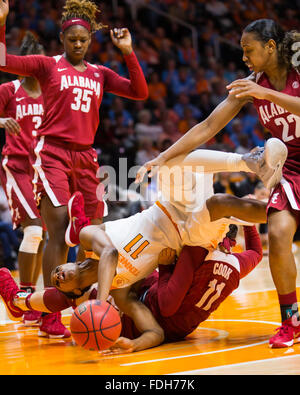 31. Januar 2016: Diamond DeShields #11 der Tennessee Lady Freiwilligen stürzt über Hannah Koch #11 von der Alabama Crimson Tide beim gehen für eine Erholung während der NCAA Basketball-Spiels zwischen der University of Tennessee Lady Freiwilligen und der University of Alabama Crimson Tide in der Thompson-Boling-Arena in Knoxville TN Tim Gangloff/CSM Stockfoto