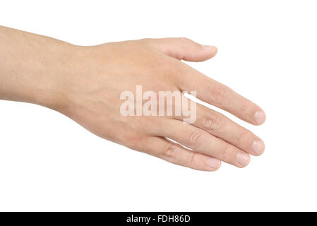 Leere offene Mann Hand auf weißem Hintergrund Stockfoto