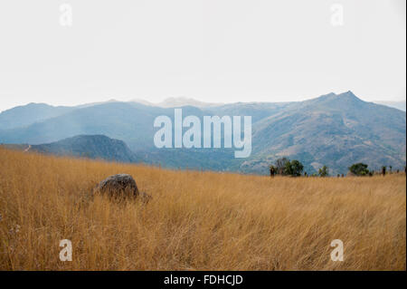 Bergen und Feldern im Mlilwane Wildlife Sanctuary in Swasiland, Afrika. Stockfoto