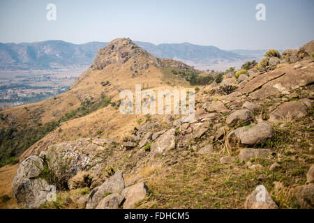 Bergige Landschaft im Mlilwane Wildlife Sanctuary in Swasiland, Afrika. Stockfoto