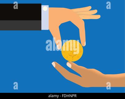 Hand, die Übergabe Münze oder Gold an den schlaffen Hand einer anderen Person Stock Vektor