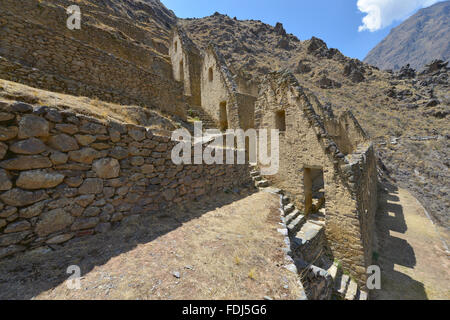 Peru, Ollantaytambo, Pinkulluna Inka Ruinen im Heiligen Tal in Peru. Stockfoto