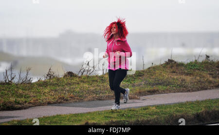 Brighton, UK. 1. Februar 2016. Ein Läufer trotzt der starke Winde und Regen entlang der Klippen in der Nähe von Brighton Vormittag als Sturm Henry geschlagenen Eierteig Großbritannien heute beginnt. Die Wettervorhersage in einigen Gegenden Schottlands wird vorausgesagt, um Winden von bis zu 90 Meilen pro Stunde Credit: Simon Dack/Alamy Live News Stockfoto