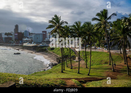 Blick auf den Strand Praia do Farol da Barra, von Morro Cristo, Salvador, Bahia, Brasilien Stockfoto