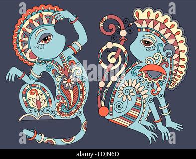 Strichzeichnungen, die Zeichnung der beiden ethnischen Affe in dekorativen ukrainischen st Stock Vektor