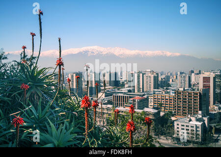 Blick auf die Anden, die Pflanzen und die Stadt von Santa Lucia Hill, Santiago, Chile Stockfoto