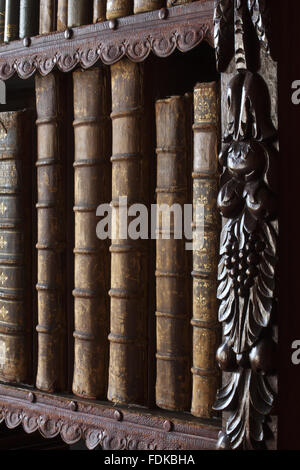 Detail des neunzehnten Jahrhunderts Bibliothek Bücherregale in Chirk Castle, Wrexham. Stockfoto