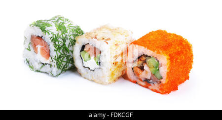 Sushi-Rollen Satz isoliert auf weißem Hintergrund Stockfoto