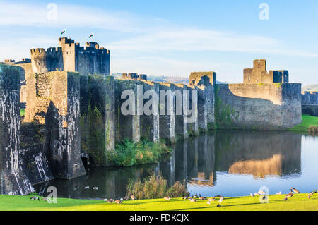 Caerphilly Castle eine mittelalterliche Burg mit Wassergraben in Caerphilly Glamorgan South Wales GB UK EU Europa Stockfoto