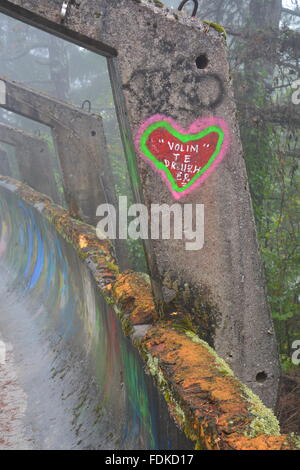 Den Krieg beschädigt Bobbahn der olympischen Winterspiele von 1984 befindet sich in den Bergen oberhalb von Sarajevo aufgegeben. Stockfoto