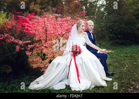 Romantische Hochzeitspaar sitzt auf einer Bank in der Nähe der roten Busch Stockfoto