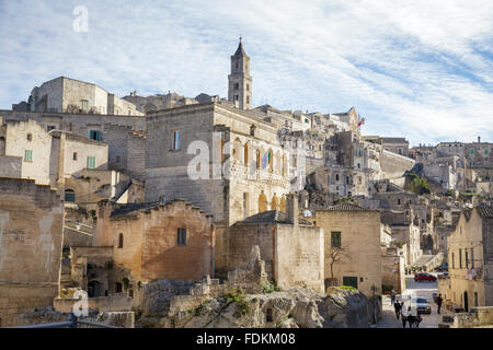 Aus über Fiorentini nach oben in Richtung der Kathedrale, Matera, Basilikata, Italien Stockfoto