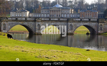 Die Nordfront des Kedleston Hall, Derbyshire, jenseits der Brücke gesehen. Matthew Brettingham und James Paine entworfen, das Haus mit Robert Adam übernimmt das Design und die Zugabe von dramatischer Portikus im Jahre 1760. Stockfoto