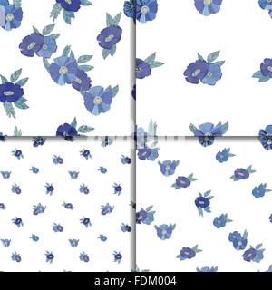 Satz von vier Musterdesigns mit blauen Blüten Stock Vektor
