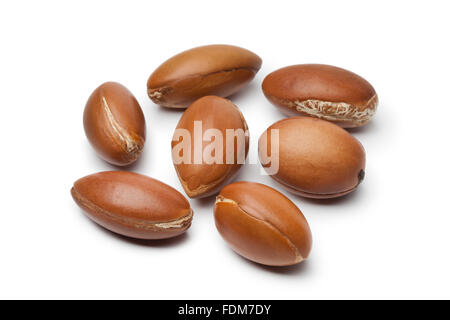 Ganzen marokkanischen Argan Nüssen auf weißem Hintergrund Stockfoto