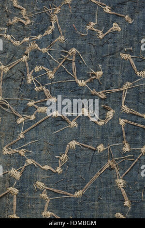 Blick auf die Erhaltung des siebzehnten Jahrhunderts Ham House Königin Vorzimmer Wallhangings, im Textile Conservation Studio Mai schließen Berkouwer. Der Wandbehang hat blaue Seidensamt Grenzen mit vergoldeten Silberfäden bestickt. Stockfoto