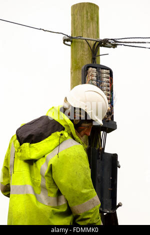 British Telecom Ingenieur einen Telegrafenmast in Salisbury an einem kalten winterlichen Tag ersetzen Stockfoto