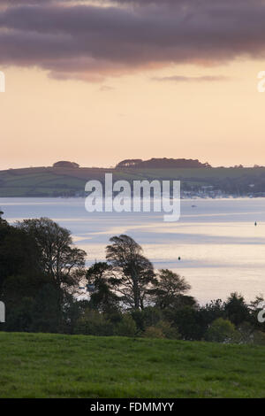 Die Carrick Roads von Trelissick Garden, Cornwall gesehen. Stockfoto