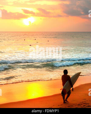 Surfer mit einem Surfbrett am Strand bei Sonnenuntergang. Sri Lanka Stockfoto