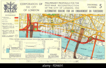CITY OF LONDON. Nach dem zweiten Weltkrieg Thames Embankment vorgeschlagene Regelung, 1944 Vintage Karte Stockfoto
