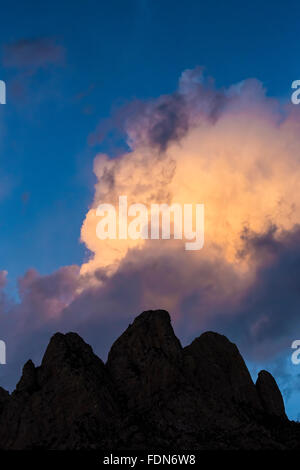 Morgenwolken beleuchtet über Hasenohren im Organ Mountains – Wüste Gipfeln National Monument, New Mexico, USA Stockfoto