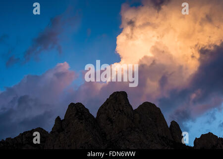 Morgenwolken beleuchtet über Hasenohren im Organ Mountains – Wüste Gipfeln National Monument, New Mexico, USA Stockfoto