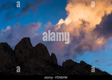 Morgenwolken beleuchtet über Hasenohren im Organ Mountains – Wüste Gipfeln National Monument, New Mexico, USA Stockfoto