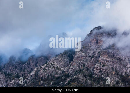 Hasenohren in den Organ Mountains in Morgenwolken, gesehen von Aguirre Frühling Campingplatz, New Mexico, USA Stockfoto