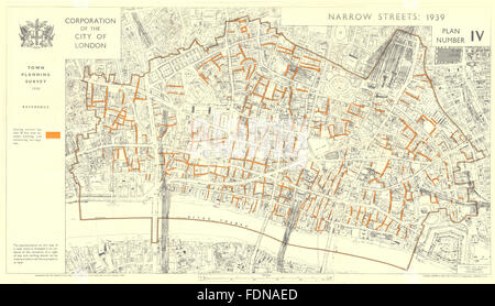 CITY OF LONDON. Stadt Planung Umfrage 1939. SCHMALE Straßen, 1944 Vintage Karte Stockfoto