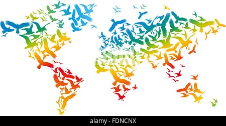 Weltkarte mit bunten fliegenden Vögel, Vektor-illustration Stock Vektor