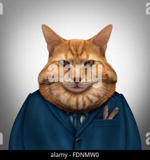 Business-Fat-Cat-Charakter als feline Tycoon Geschäftsmann Zeichen als Symbol für einen wohlhabenden Chef oder Inhaber eines gierigen und egoistischen Magnat. Stockfoto