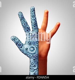 Roboter und Menschen futuristische Technologie-Konzept mit Mensch und Maschine kommen zusammen und verschmelzen zu einer als technologische Sozialausgabe Idee der Mensch-Computertechnik zusammen mit der Intelligenz des Menschen verbinden. Stockfoto