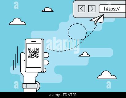 Mann ist QR-Code per Smartphone-app scannen. Stock Vektor