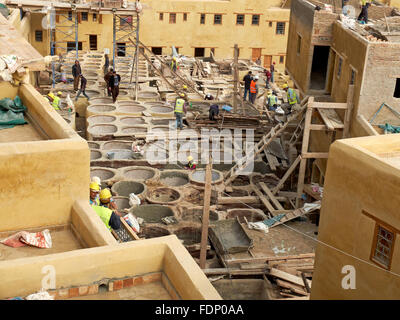 Arbeiter arbeiten auf Reha in der Chouwara-Leder-Gerberei in der Medina von Fès El Bali. Marokko Stockfoto